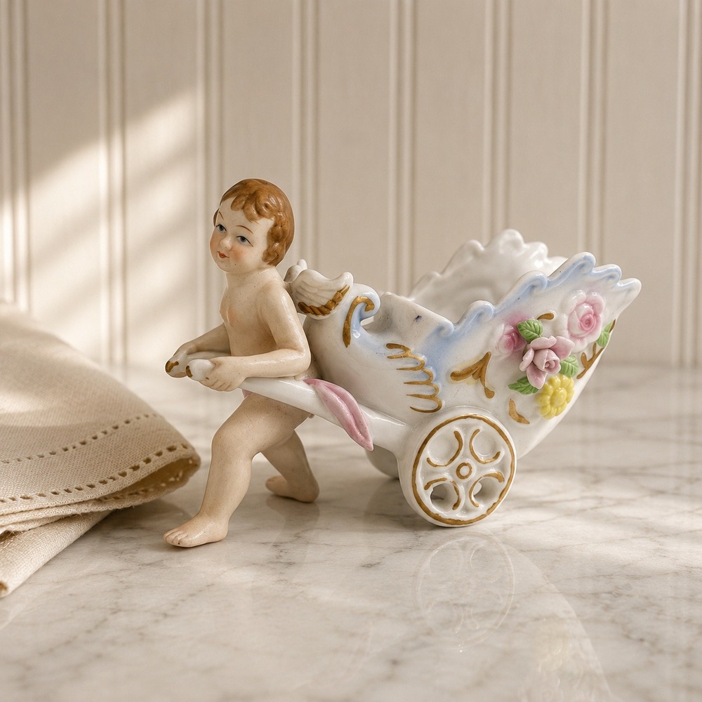 Ardco Cherub Planter Vintage Porcelain Putti Pushing Wheelbarrow Gold Trim 6in
